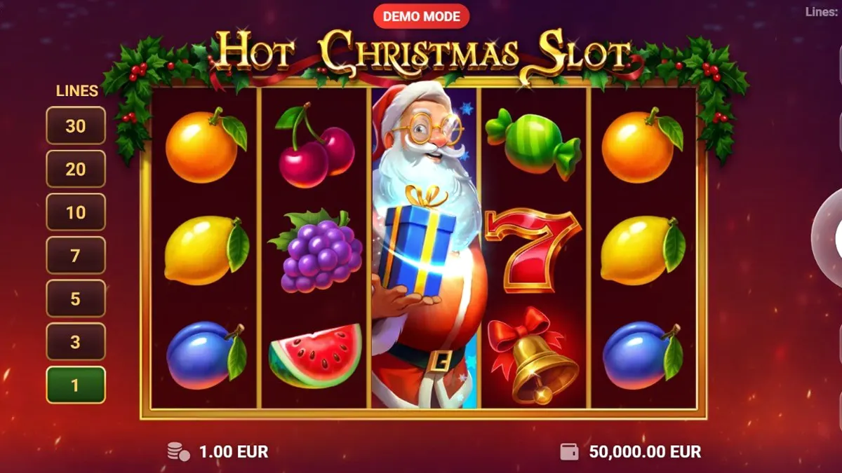 Tampilan antarmuka mobile Hot Christmas Slot dengan latar belakang merah meriah dan simbol buah klasik.