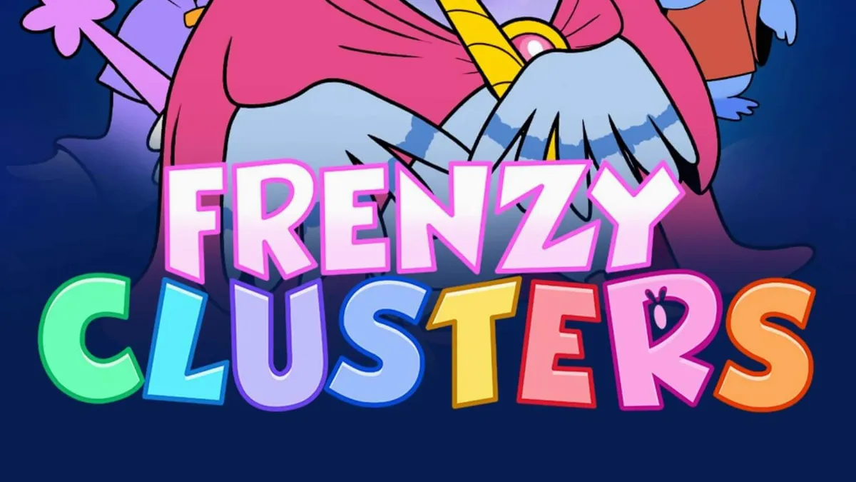 Tampilan visual grid slot Frenzy Clusters dengan karakter pahlawan dan simbol alkimia.